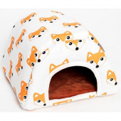 Domek dr.savec oblouk L, liščí hlava na bílé, oranžový flís 27x27x20cm