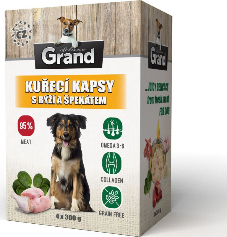 GRAND kaps. deluxe pes kuřecí s rýží a špenát. 4x300g