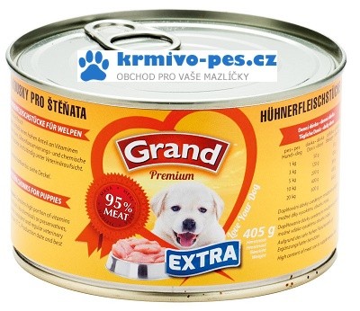 GRAND konz. štěně Extra kuř. kousky 405g